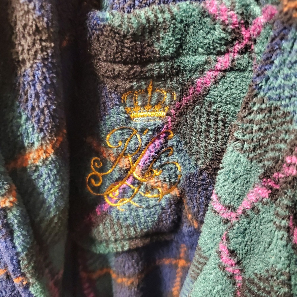 Lauren Ralph Lauren Womens Large Plush Fleece Robe Long Sleeve Plaid Blue Green - Picture 4 of 8